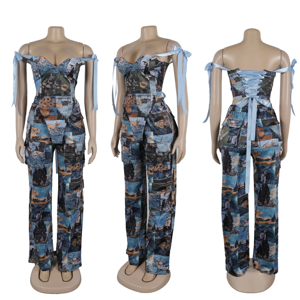 Two Pieces Women Pant Sets Print Matching Set Drawstring Pockets Sleeveless Top Elastic Waist Pants Slim Fit Casual 2026 Spring