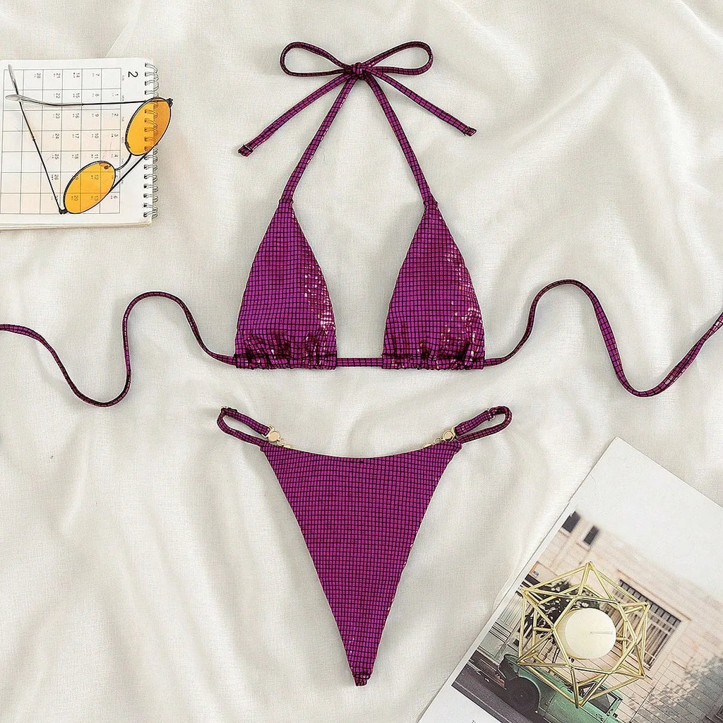 DEKA Sexy Triangle Micro Thong Bikini Set Diamond Swimsuit String Halter Swimwear Women Bead Bathing Suit Extreme Mini Bikini