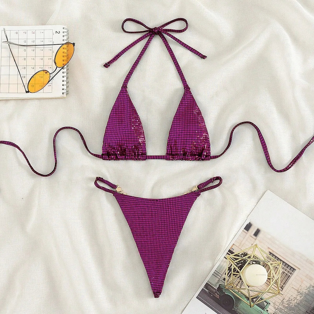 DEKA Sexy Triangle Micro Thong Bikini Set Diamond Swimsuit String Halter Swimwear Women Bead Bathing Suit Extreme Mini Bikini