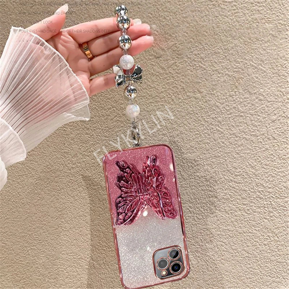 3D Butterfly Phone Holder Bead Bracelet Glitter Plating Case For iPhone 16 15 13 12 11 14 Pro Max XS Max XR 7 8 Plus Stand Cover