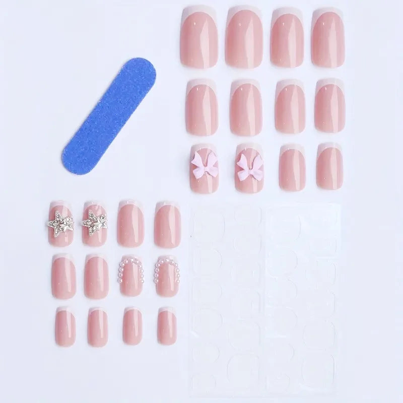 24Pcs White Fake Nails Press on Nails French Pink Bow Design Gentle Flower Acrylic False Nail with Jelly Glue Wearable Manicure