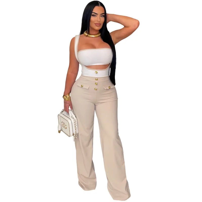 Elegant 2 Piece Sets for Women Summer Outfits Sexy Halter Tube Crop Tops Bodycon Flare Pants Set Vacation Jumpsuits Club Outfits