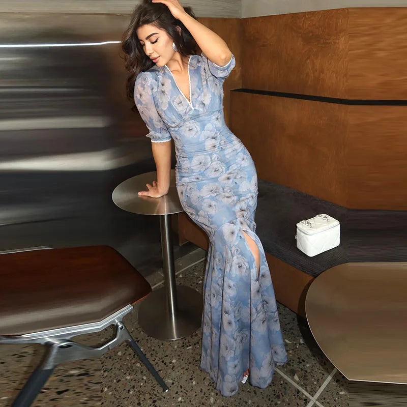 Fashion Women Floral Printed Long Dresses Elegant Short Sleeve Maxi Dress 2026 Summer New Female Evening Vestidos High Street