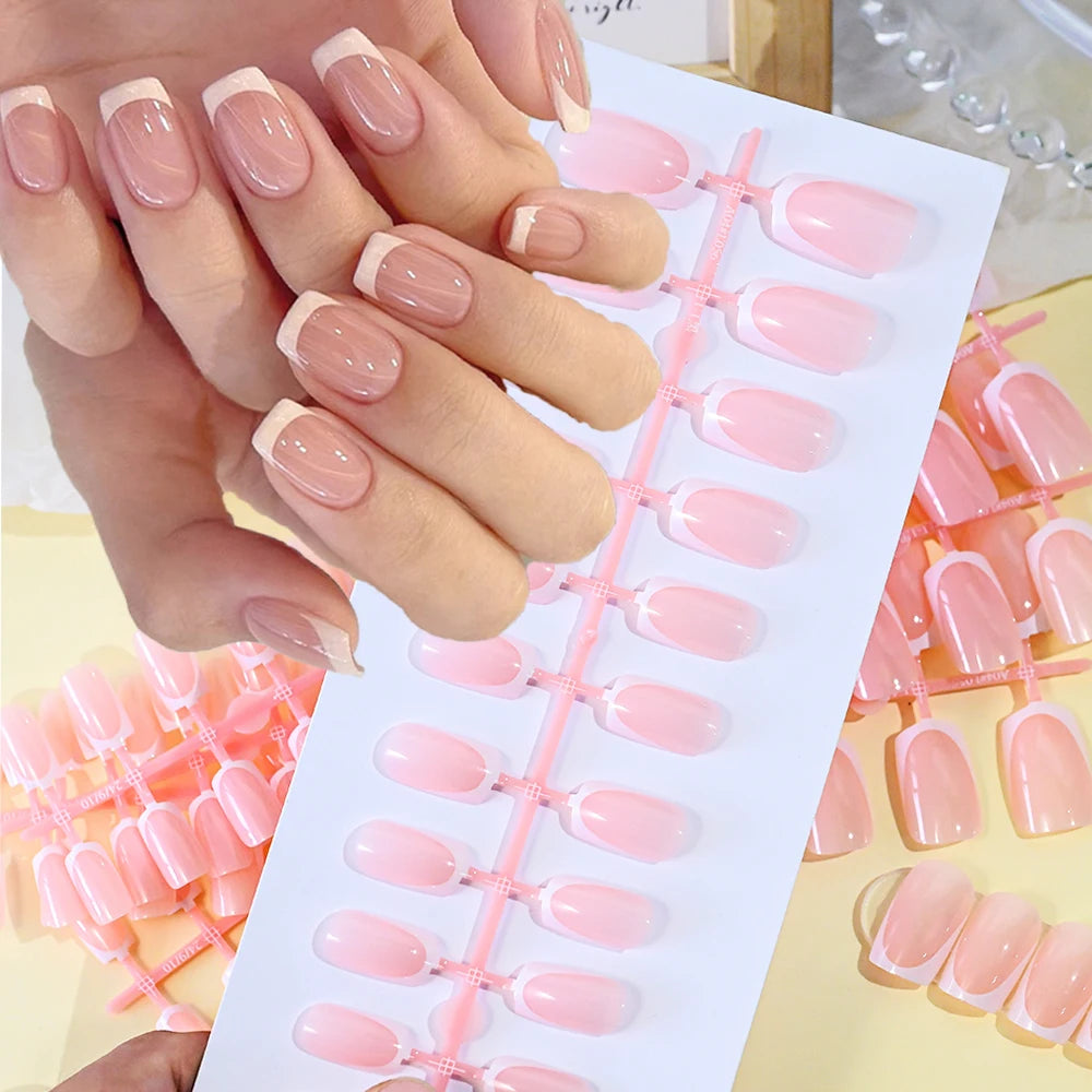 120Pcs Short Square Coffin French Fake Nails Glossy Pink  Full Cover Wearable Press on Nails Wearable Acrylic Fake Nails Tips #