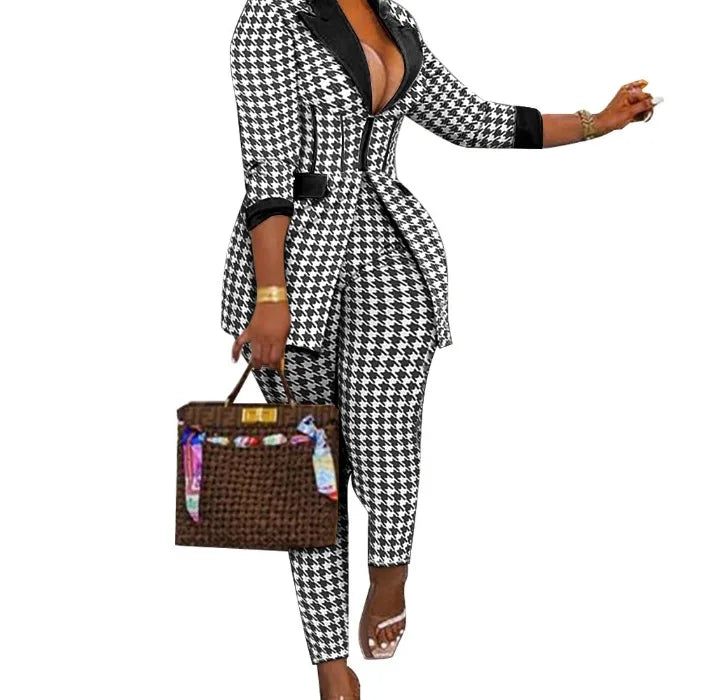 Sexy Two Piece Suit for Women Blazer and Pants Set Print Long Sleeves Coats and Trousers Streetwear Female Autumn Winter 2023