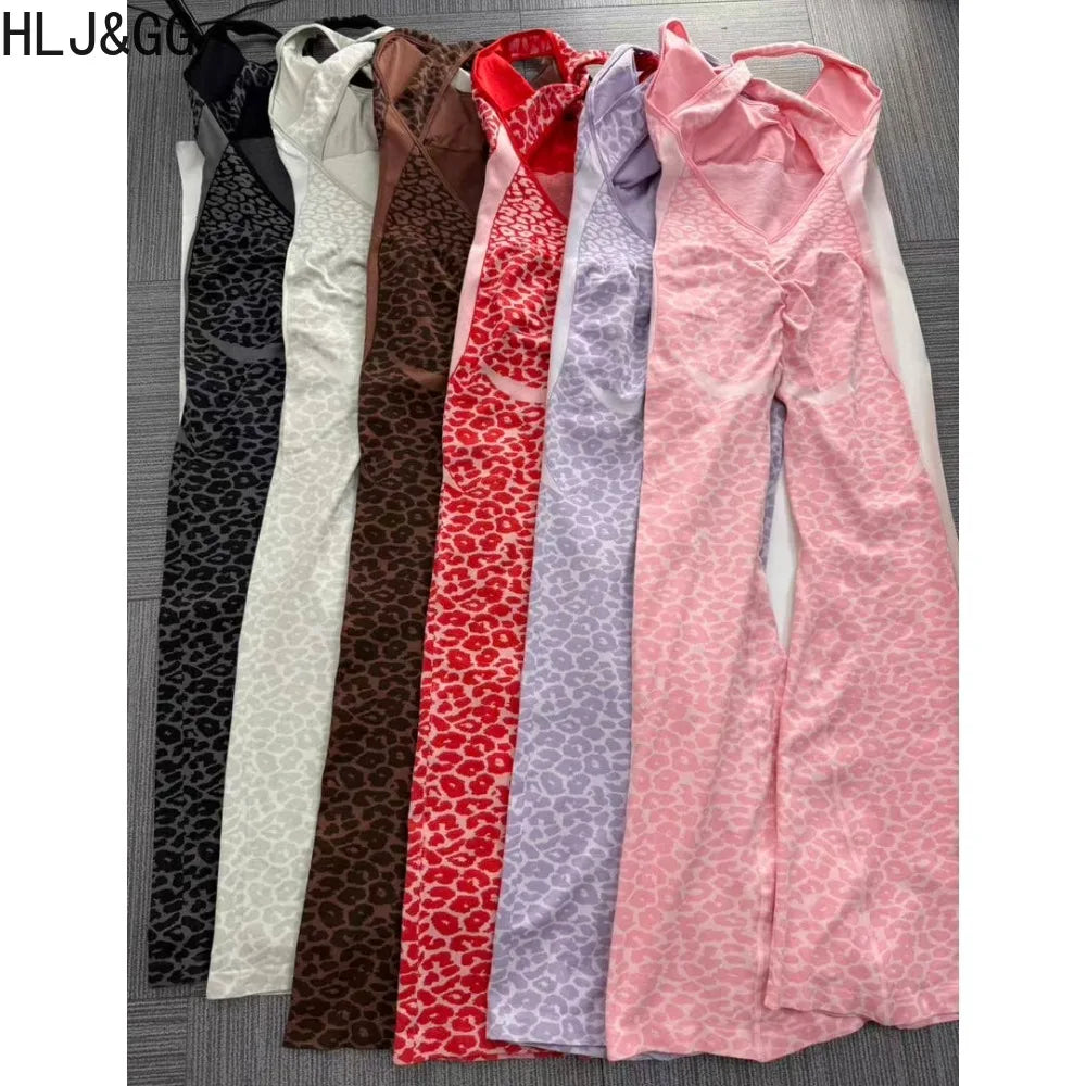 HLJ&GG Spring Sexy Leopard Print Patchwork Bodycon Jumpsuits Women Spaghetti Strap Backless Rompers Female Streetwear Overalls