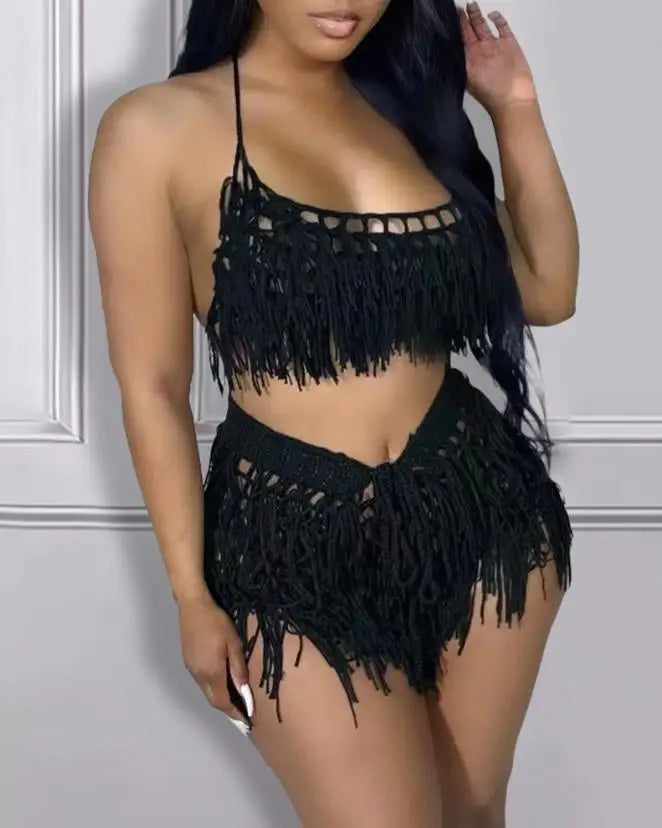 Womens Two Piece Sets Outfit 2024 Summer New Sexy Spaghetti Strap Crop Crochet Top & Fashion Tassel Design Shorts Set Casual