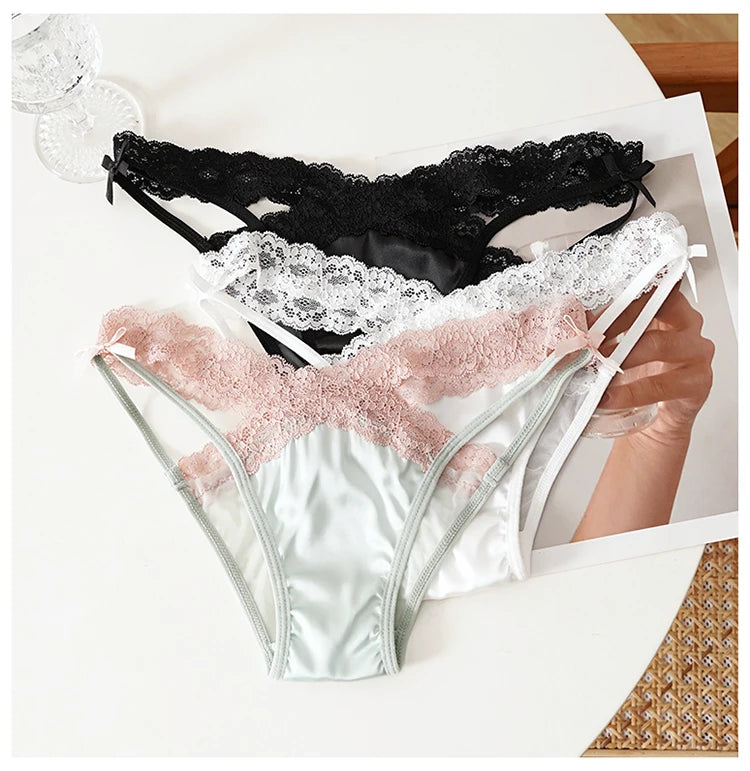 Meet'r Sexy Tempting Underwear Panties Lingerie French Satin Lace Ice Silk Transparent Knit Low Waist Triangle Briefs for Women