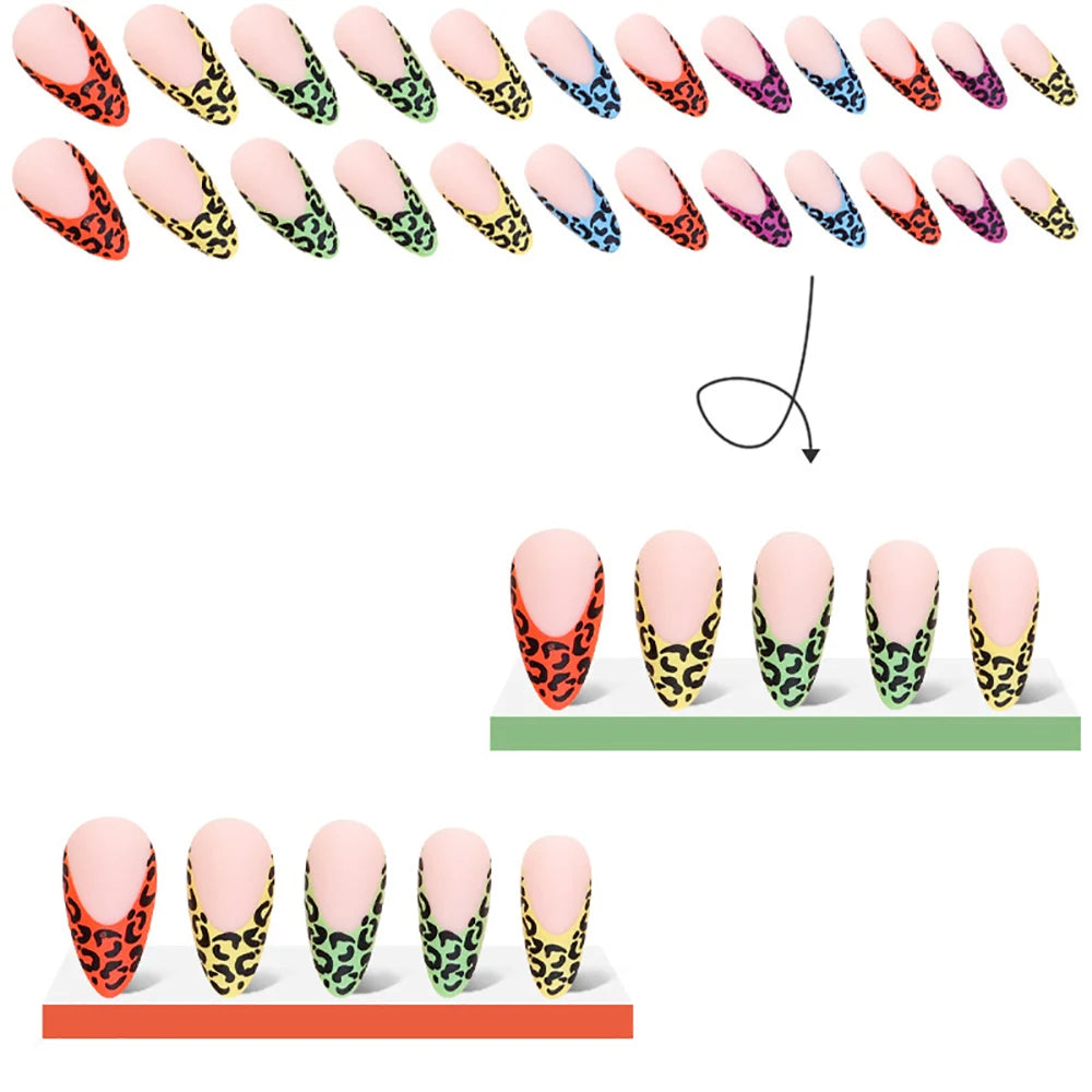 Medium fake nails tips for women girls gradient purple blue green red black leopard printing Square almond tips press on nails