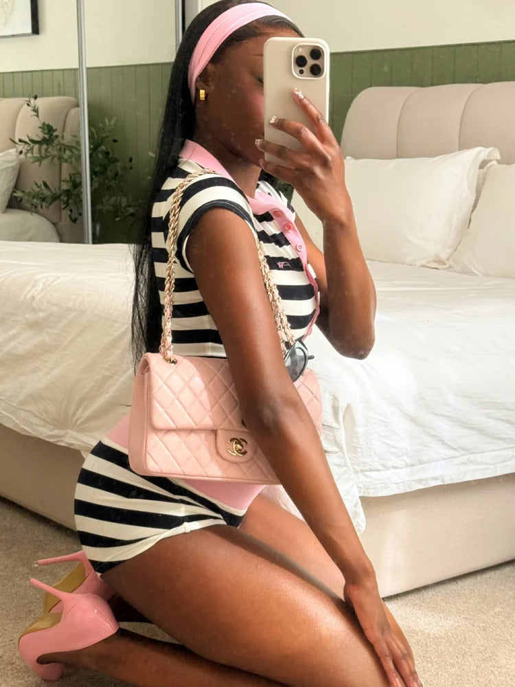 Kricesseen Casual Striped Two Piece Set Women Short Sleeve Button Polo Collar Crop Top And Shorts Matching Set Summer Tracksuit