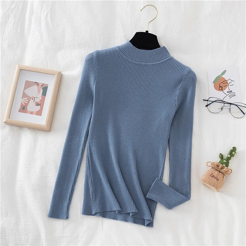 Autumn Winter Women Pullover Sweater Fashion Half Turtleneck Knitted Female Jumper Long Sleeve Winter Soft Elastic Tops