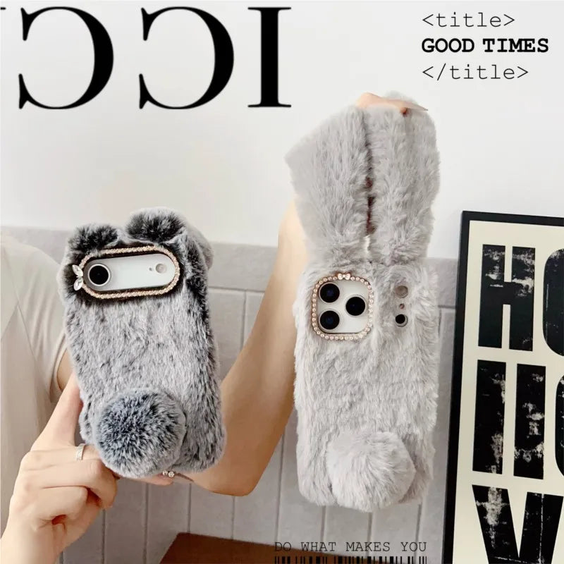 3D Cute Rabbit Ears Fur Plush Phone Case For iPhone 17 Pro Max 16 15 14 13 12 11Pro max Plus mini 17Air Furry Bunny Warm Cover