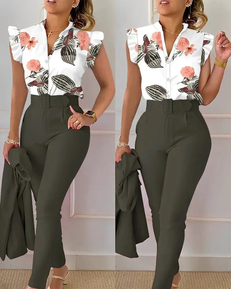 Spring Summer Women's New Printed Lotus Leaf Sleeveless Shirt Suit Elegant Slim Femal Office  Long Pants Belt Two Piece Set 2025