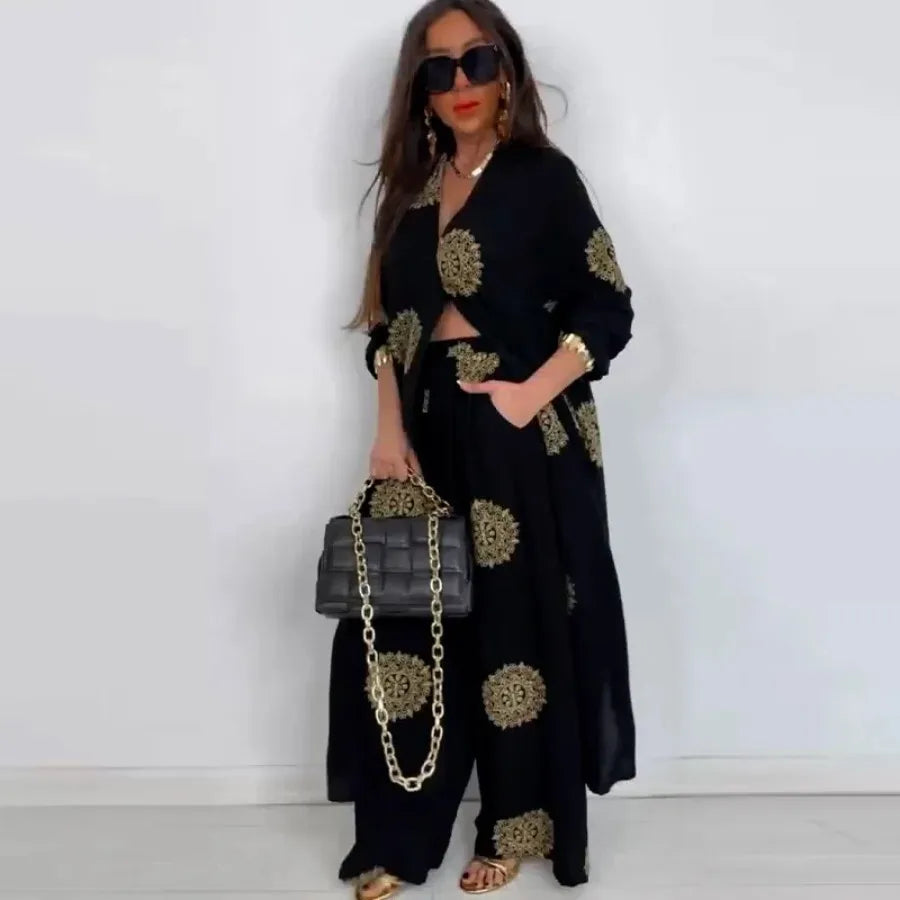Eid Muslim Suits Women Print Blouses Wide Leg Pants Set Two Piece Musulman Ensemble Dubai Arabic Morocco Islam Casual Ramadan
