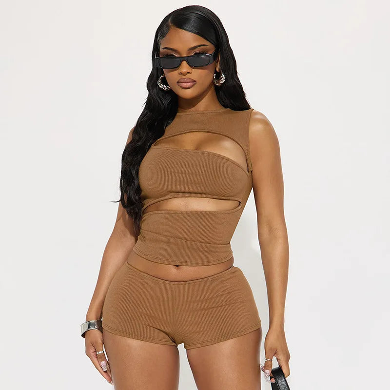 Sexy Hollow Out Clubbing Woman Outfit Sets 2 Piece Rave Festival Clothing Party Knit Top and Shorts Matching Set Conjunto Verano