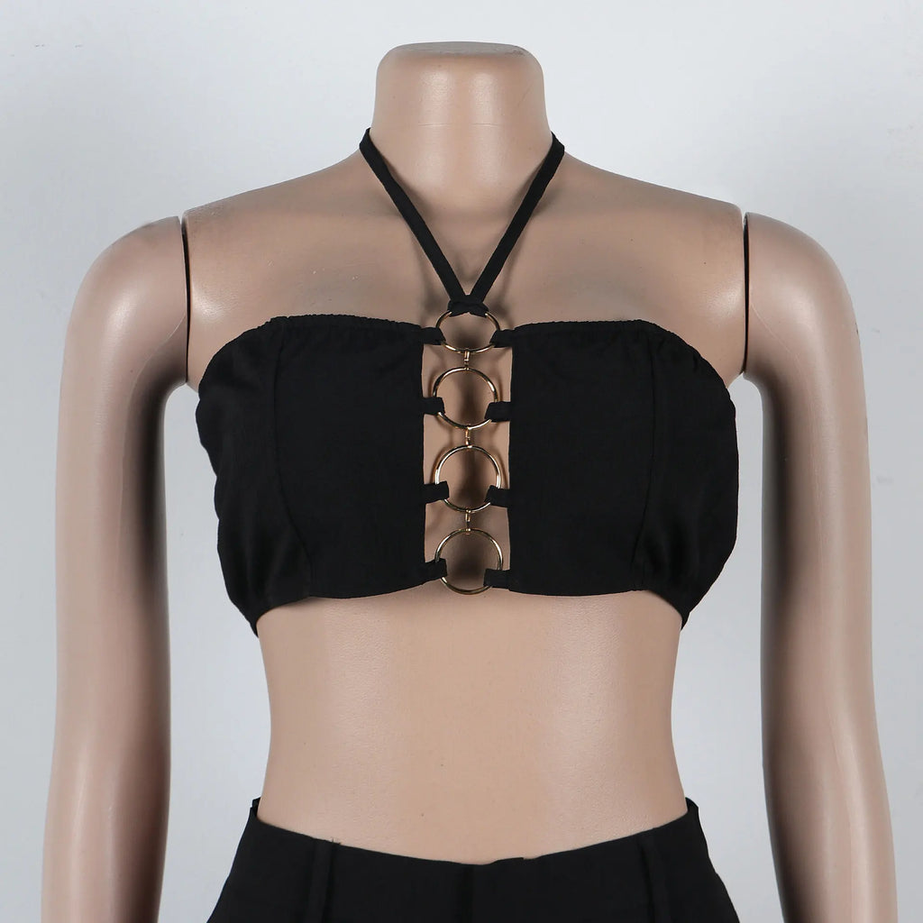Metal Ring Hollow Out Two Piece Set Women Sexy Strapless Lace Up Halter Backless Crop Tops + Wide Leg Pants Casual Street Suits