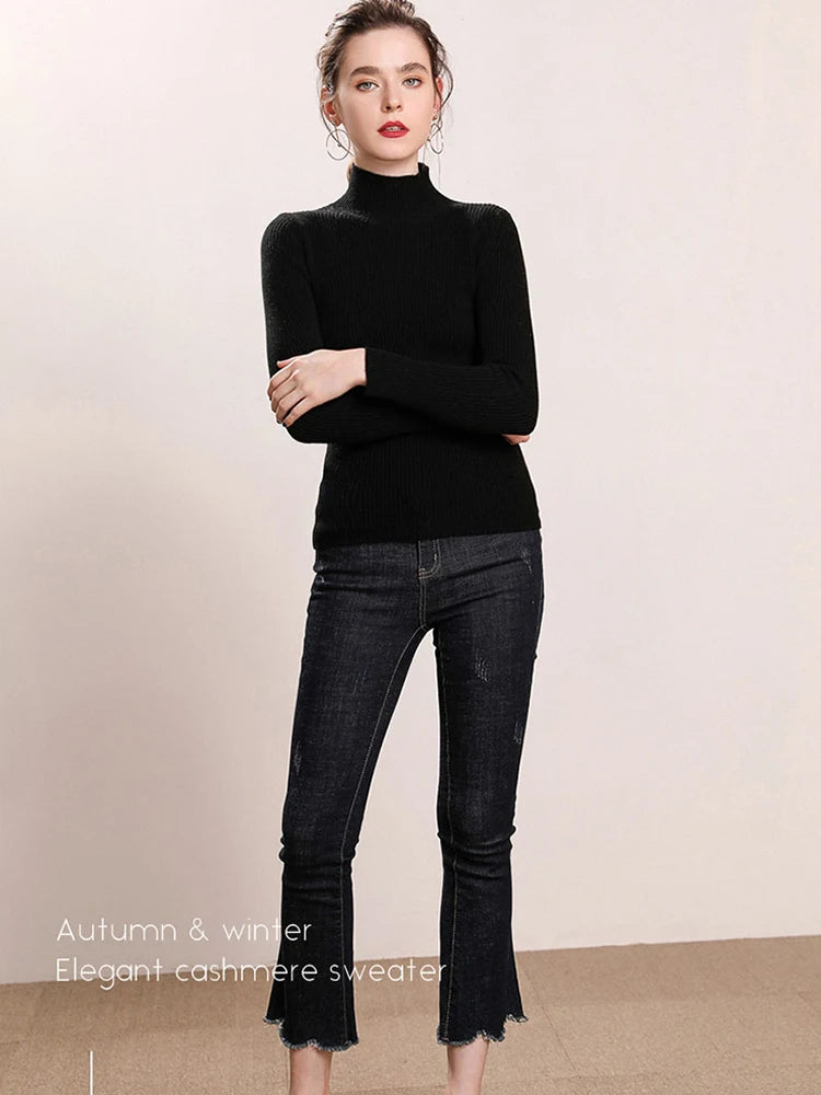 Autumn Winter Women Pullover Sweater Fashion Half Turtleneck Knitted Female Jumper Long Sleeve Winter Soft Elastic Tops