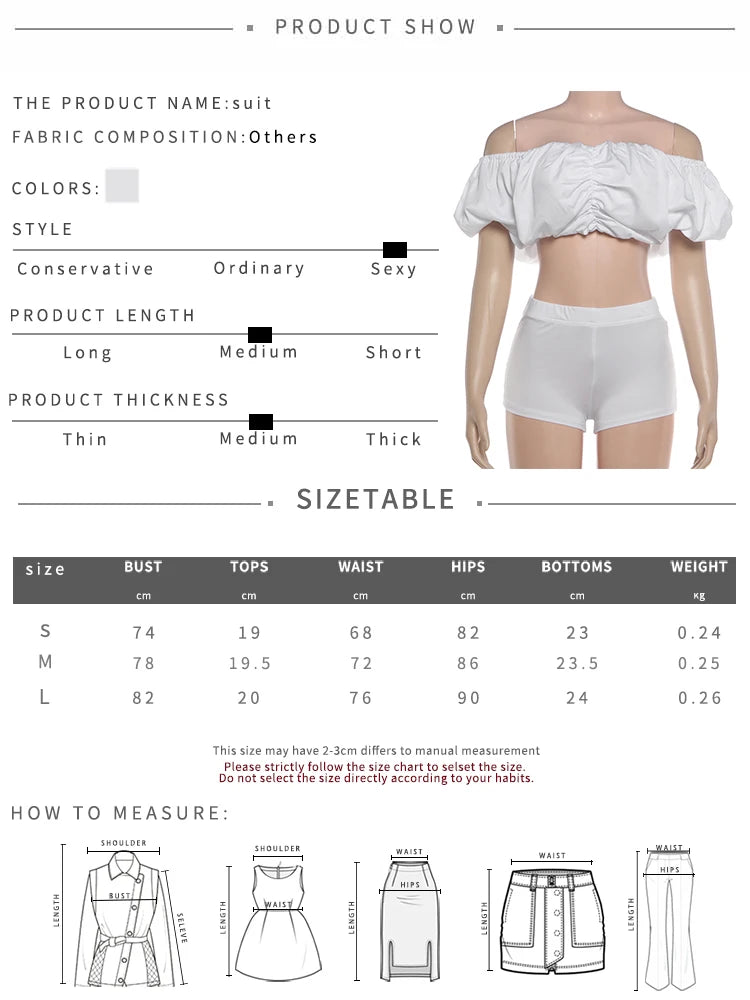 Kliou Sexy Fashion 2 Piece Set Woman Slash Neck Backless Puffy Crop Tops+Skinny Wrap Hip Mini Shorts High Street Style Outfits