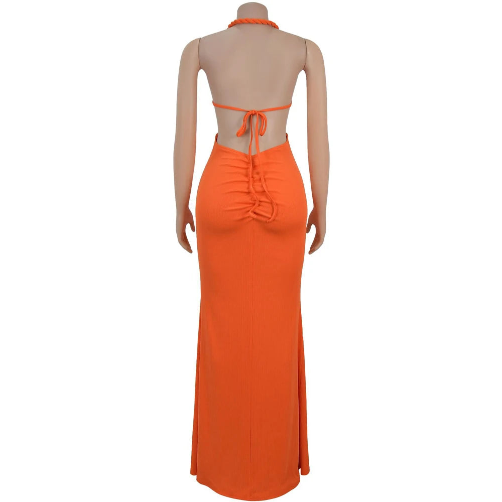 Hemp Rope Halter Neck Stacked Ruched High Slit Knit Bodycon Knotted Maxi Dress for Women Summer 2025 Birthday Sexy Party Dresses