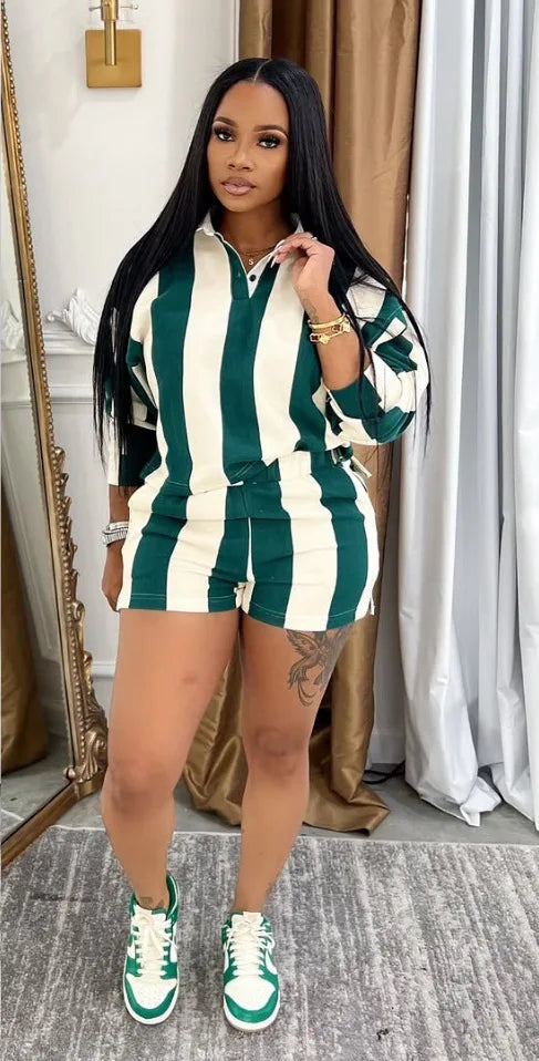 Shorts Pant Set Women Two Piece Sets Short Sleeve Matching Sets Striped Top High Waist Pants Suit Casual Y2k Streetwear Jogger