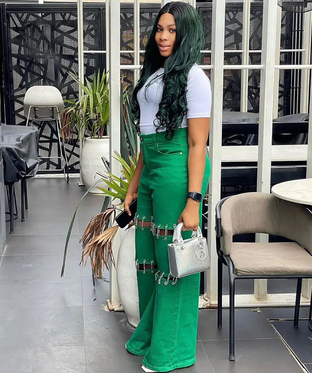 High Waist Green Ripped Chain Decoration Patchwork Wide Leg Denim Pants Women Fashion Casual Personality Trendy Long Trousers