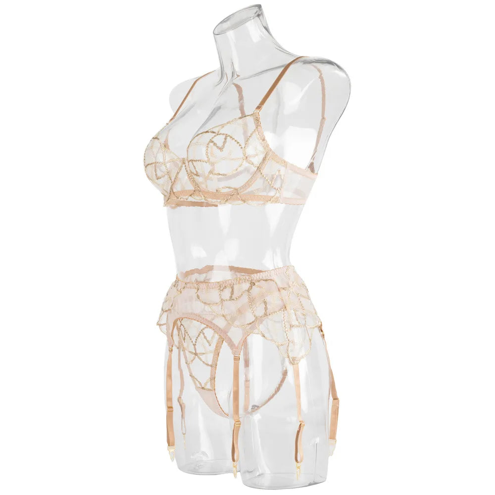 Diccvicc Elegant Lace Lingerie See Through Embroidery Floral Women Underwear 3 Pieces Bra Garter Set Sexy Outfit Intimate Kits