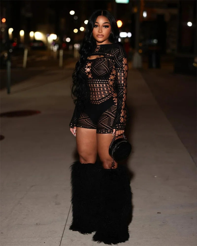 Sexy See Through Mesh Playsuit Women Rompers Long Sleeve Hollow Out Skinny Night Club Outfit One Pieces Jumpsuit Shorts Bodysuit
