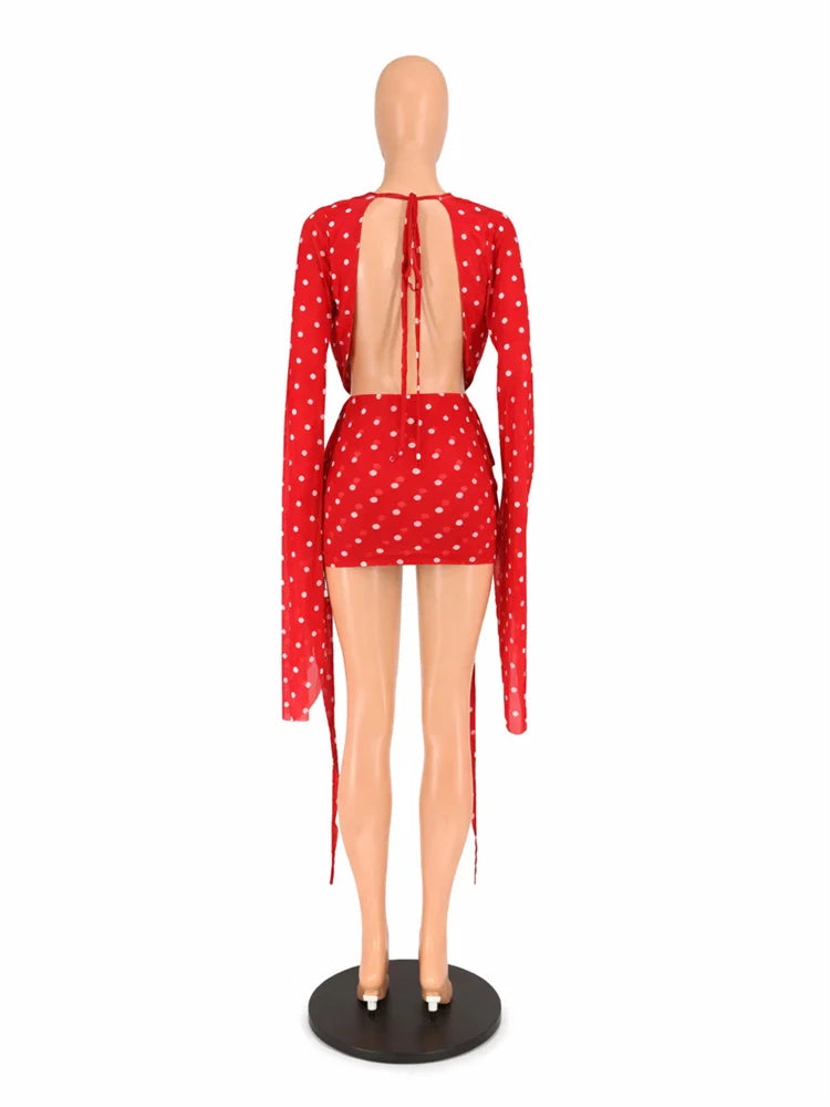 Kliou Sexy Polka Dot Print Mini Dress Woman Swing Collar Backless Batwing Sleeve Tassel Hot Girls Club Party Fashion Bodycon