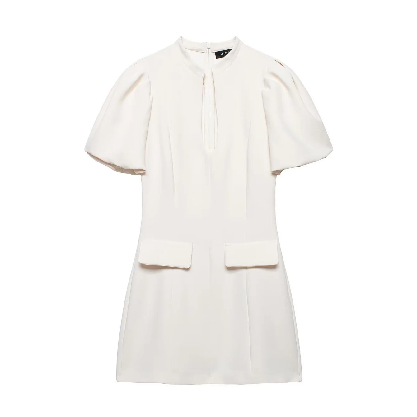 Women Elegant Chic Puff Sleeve Mini Dress Summer New Female O-Neck Hollow-Out Zipper Short Dress Fashion Lady Party Date Dress