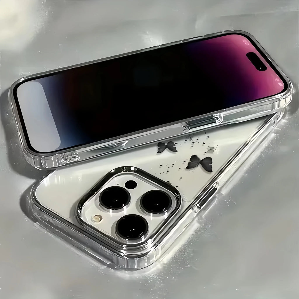 Elegant Black Butterfly Metal Frame Transparent Phone Case For iPhone 17 16 15 14 13 12 11 Pro Max Plus Air 16E Soft Clear Cover