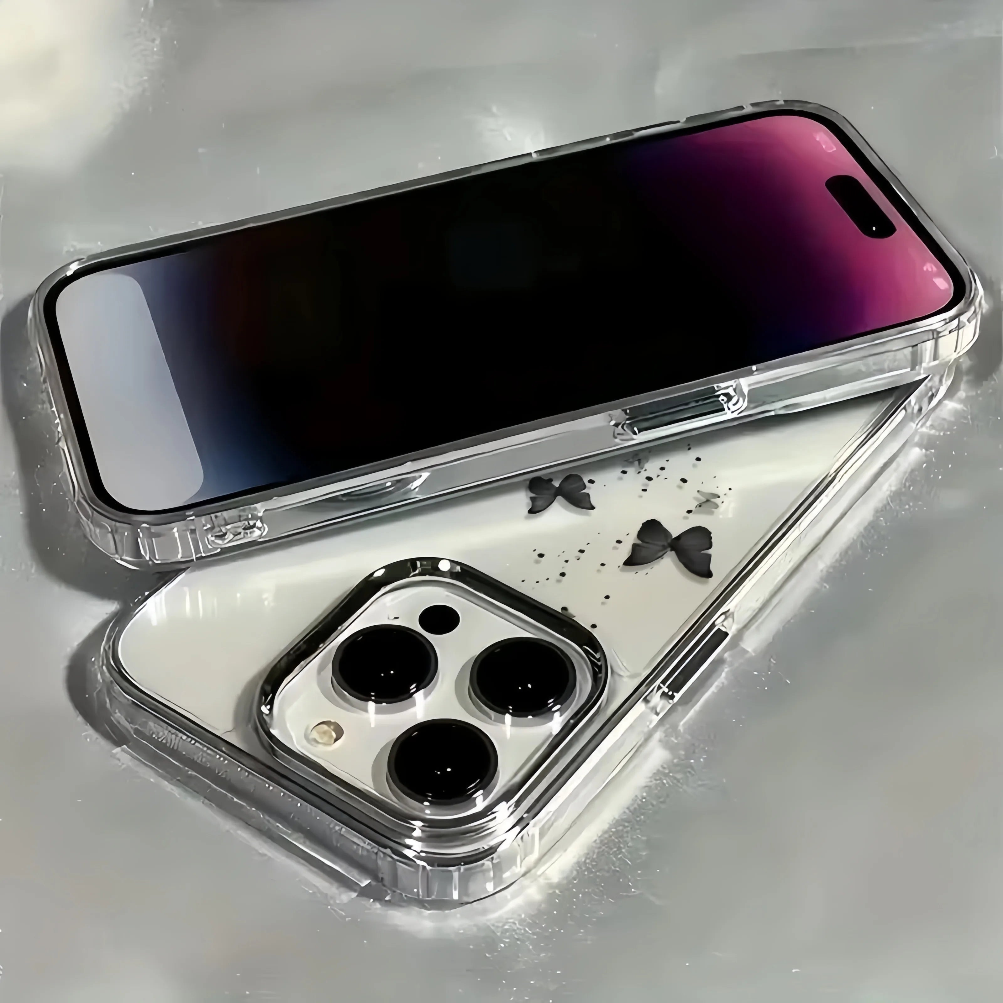 Elegant Black Butterfly Metal Frame Transparent Phone Case For iPhone 17 16 15 14 13 12 11 Pro Max Plus Air 16E Soft Clear Cover