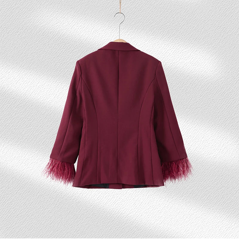 Elegant Feathers Women Blazer Pants Suit Lapel Button Coat Straight Wide Leg Trousers Lady Set 2026 Spring Female Outfits