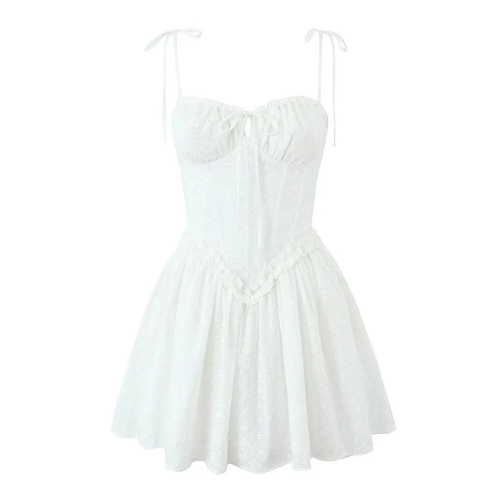 Summer dress 2025 Women Sexy White Lace Dressses Embroideryed Bodycon Mini Dress Korean Fashion Ruffle Dresss Lace Up Fish Bone