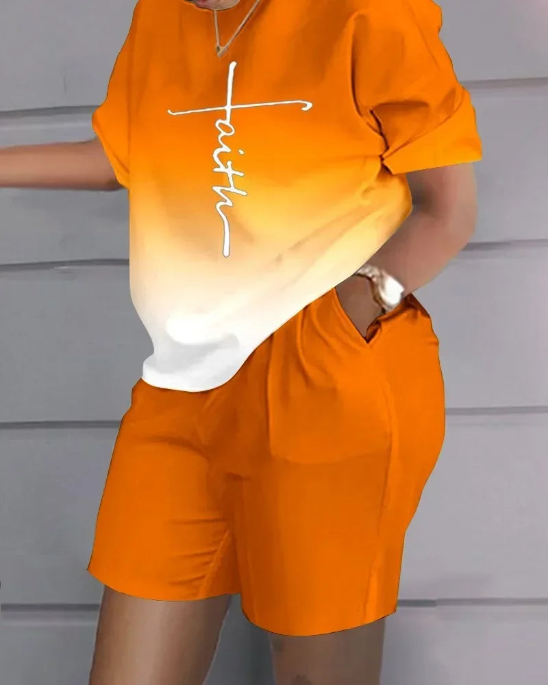 Women Print Two Piece Shorts Sets Matching Sets Short Sleeve T Shirts Pockets Elastic Waist Trousers Y2k Tops Suits Summer 2025