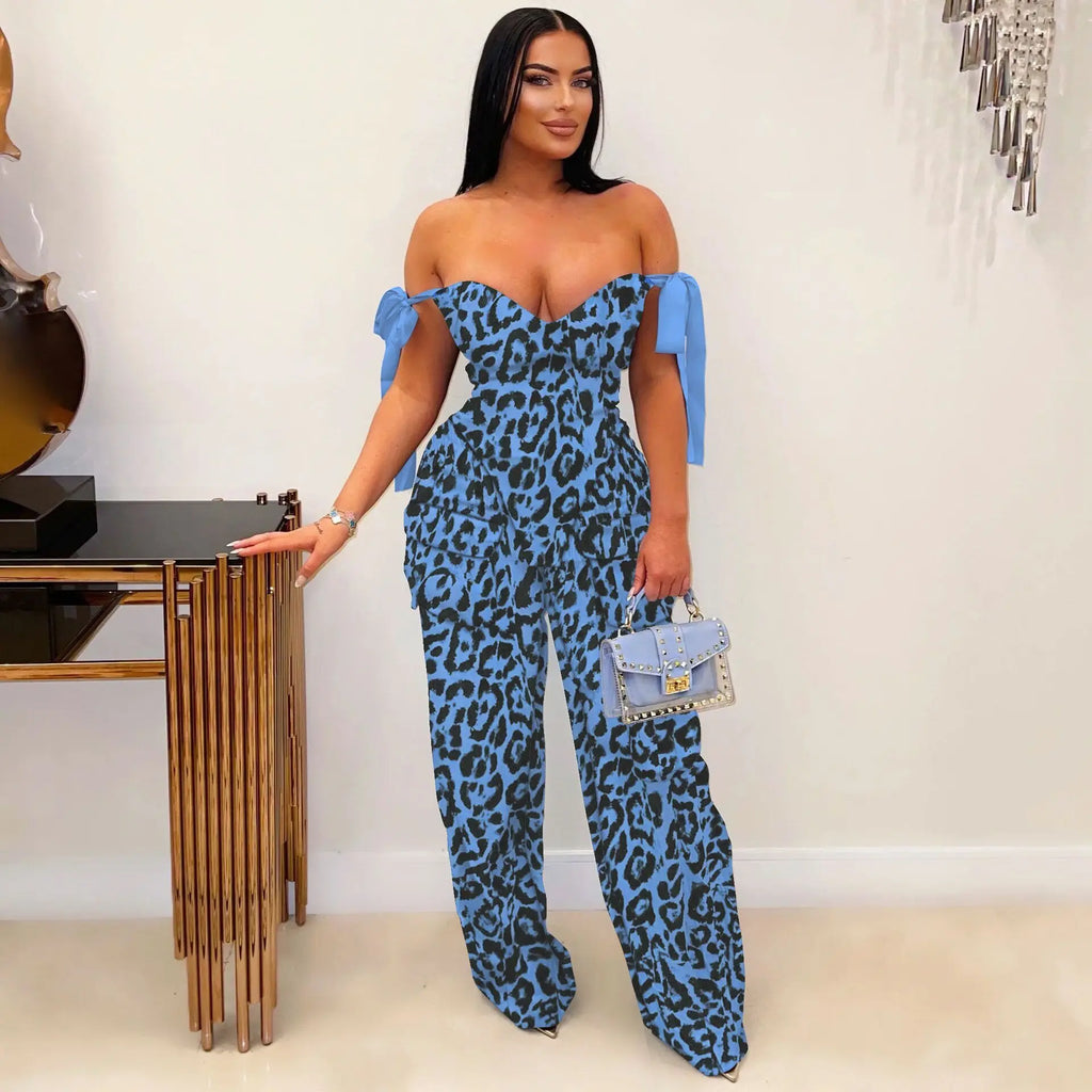 2 Piece Sets Women Print Top Straight Pants Suit Multiple Pockets Strapless Floor Length Trousers Ensemble 2025 Sexy Outfits