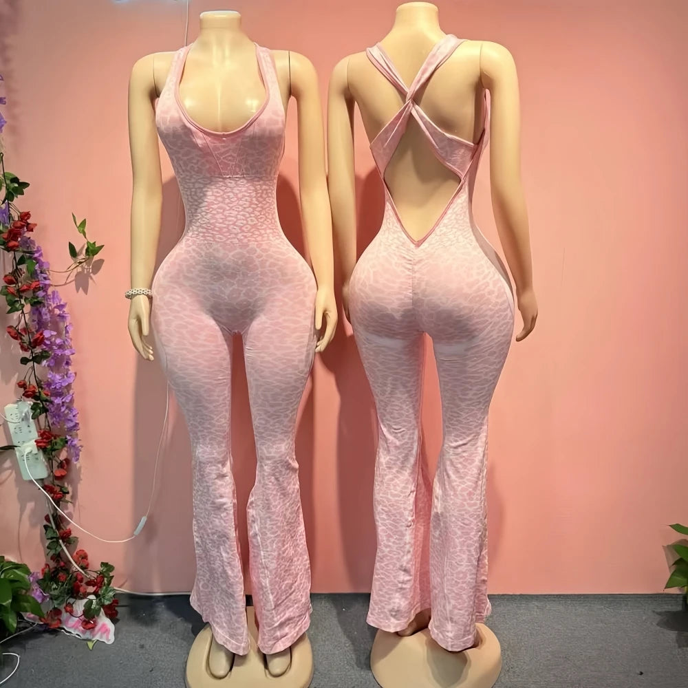HLJ&GG Spring Sexy Leopard Print Patchwork Bodycon Jumpsuits Women Spaghetti Strap Backless Rompers Female Streetwear Overalls