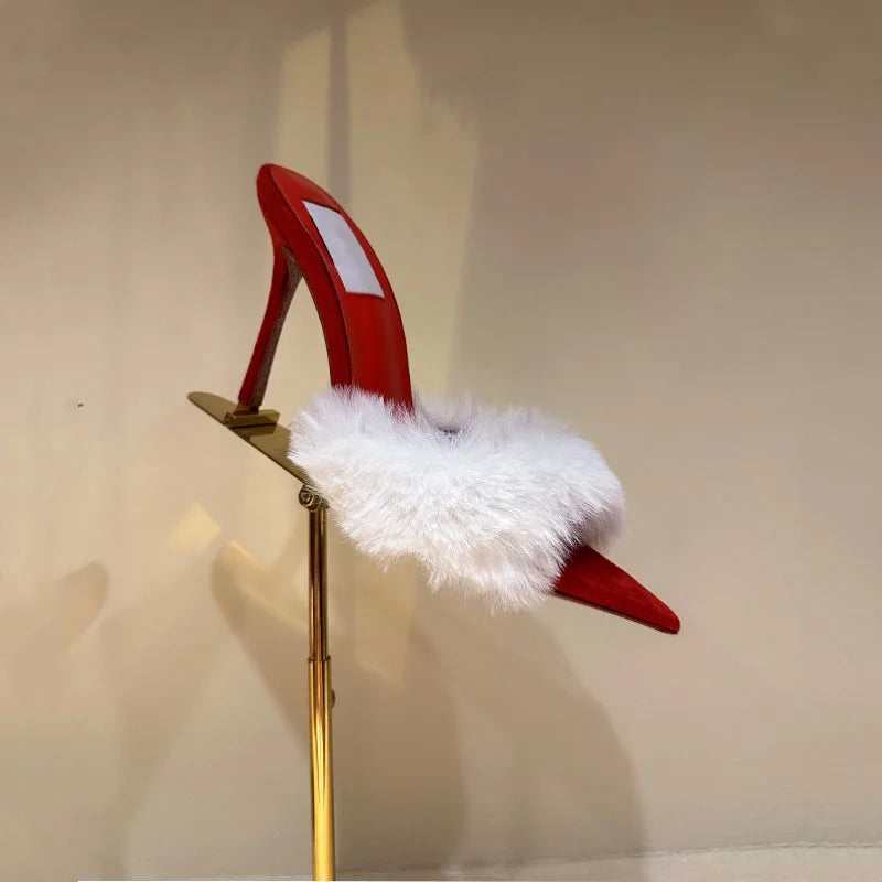 Women's Fox Fur High-Heeled Slippers Stiletto Heel Mules Open Toe Slip On Sandals Suede Upper Party Clubwear Elegant Sandals