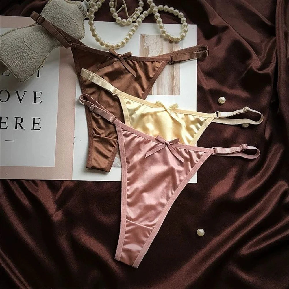 Sexy Adjustable Thongs Women Smooth Glossy Silk Low Waist Satin T-back Panties Plus Size Culotte Femme