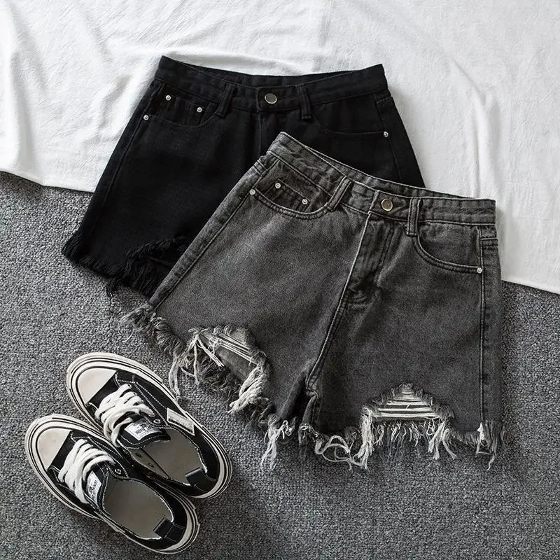 Denim Shorts Women High Waist Slender Korean Fashion Summer Frayed Buttons Zipper Tassel Loose Solid All-match Streetwear Chic