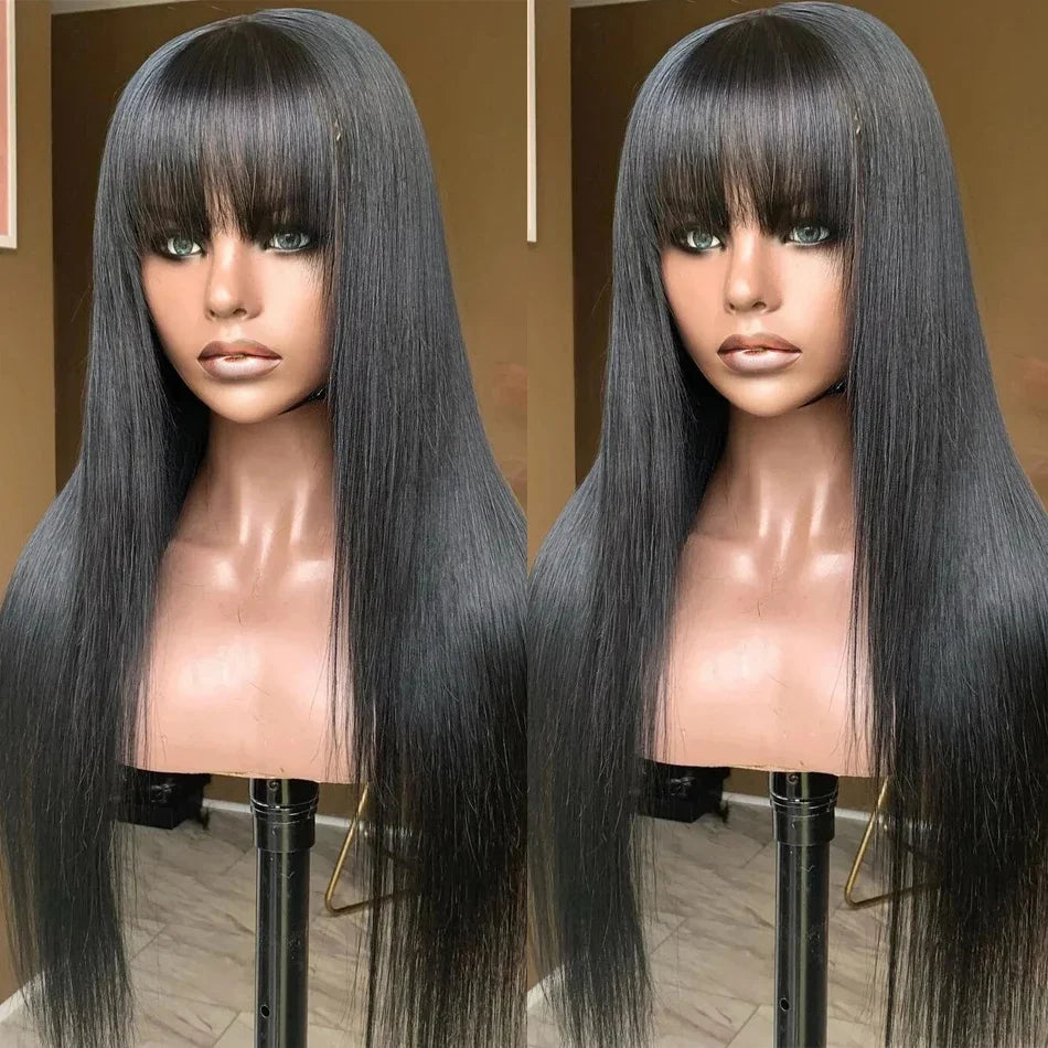 Human Hair Wigs with Bangs 32 Inches Full Machine Made Hair Wig Bone Straight 200 Density Glueless Wig Human Hair Non Lace Wig