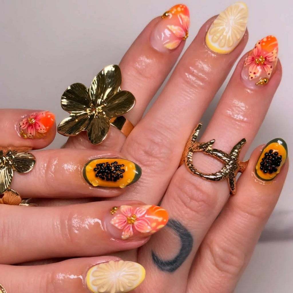 24PCS Sweet Short Round Press on Nails Cute 3D Fruit Blue Stripes Almond False Nails Wearable Lemon Patterns French Ins Manicure