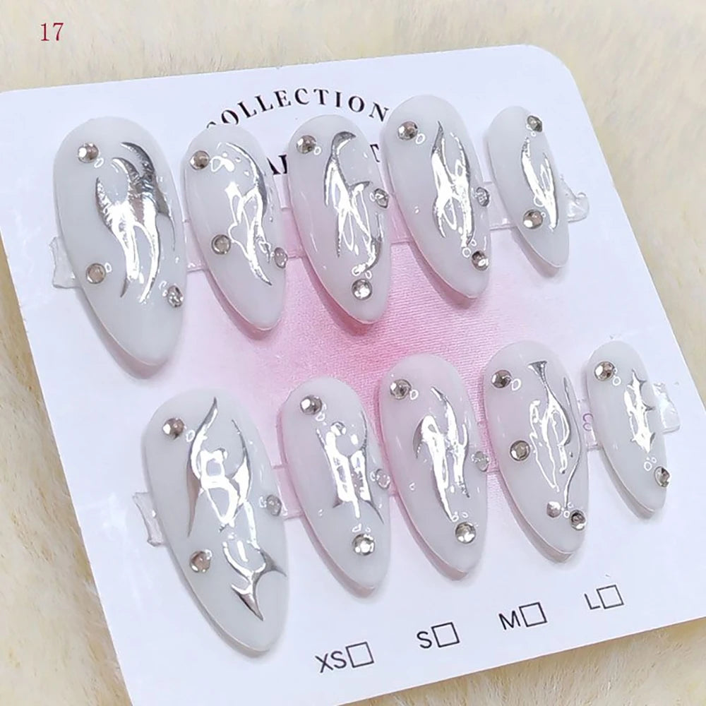 10Pcs Sweet Lovely Handmade Long Coffin Wearable Fake Nail Kawaii Girlish Heart Cartoon Pink Pearl Bow Diamond False Nail Gift
