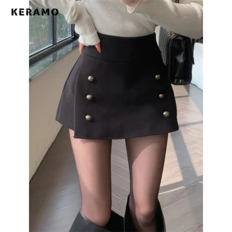 Double-Breasted Simple Woolen A-Line Mini Skirt Women's Autumn Winter Sexy Bodycon Short Pants Versatile High Waist Skirt