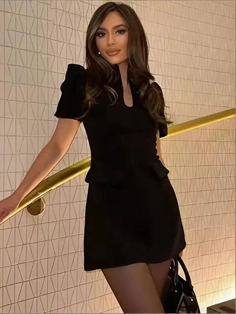 Women Elegant Chic Puff Sleeve Mini Dress Summer New Female O-Neck Hollow-Out Zipper Short Dress Fashion Lady Party Date Dress