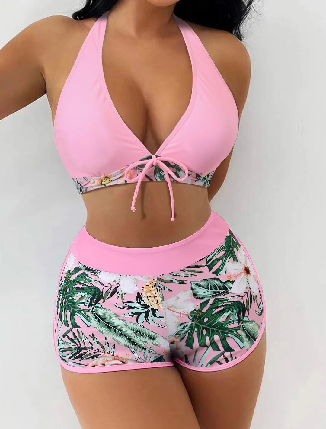 2026BHalter Bikini Set Short Swimsuit Women High Waist Swimwear Female Printed Bathers Swimming Bathing Swim Suit BeachwearNew