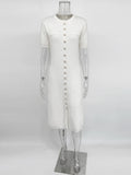 TARUXY White Elegant Knit Maxi Dress For Women Short Sleeve Ribbed Slim High Waist Cardigan Dress Female Knit Dress 2025 Summer