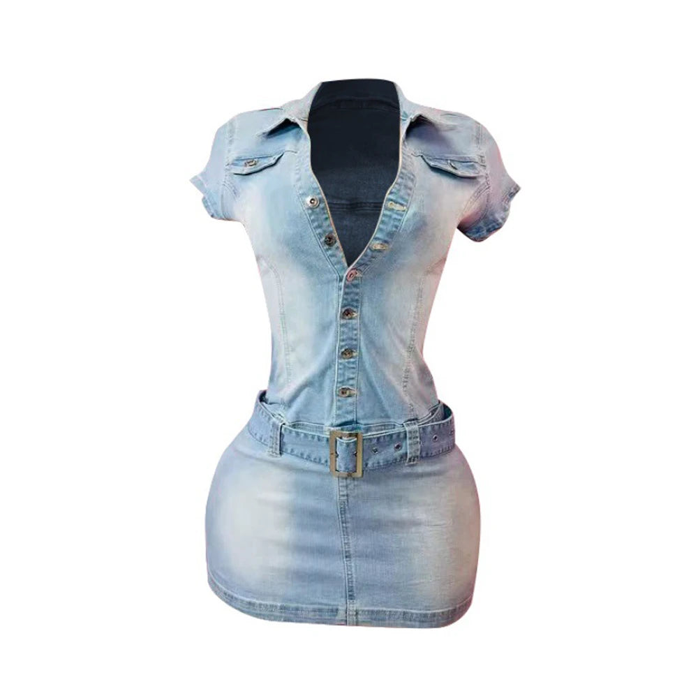 New Women Fashion Denim Dresses Belt Stretch Washed Short Dresses Sexy Girls Mini Denim Dresses Women Casual Summer Clothes