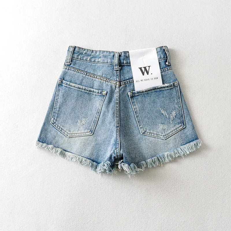 High Street Broken Hole Washed Denim Shorts Women Fashion Tassel Raw Edge Distress Jean Shorts Casual High Waist Pocket Shorts