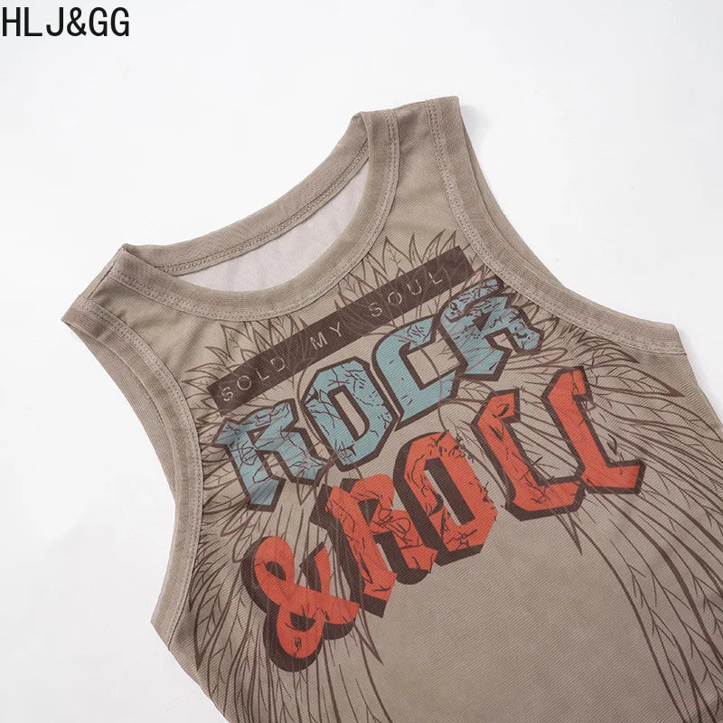HLJ&GG Y2K Fashion Mesh Letter Printing Tank Top 3 Piece Sets Women Sleeveless Slim Vest And Denim Shorts Outfit With Chain 2025