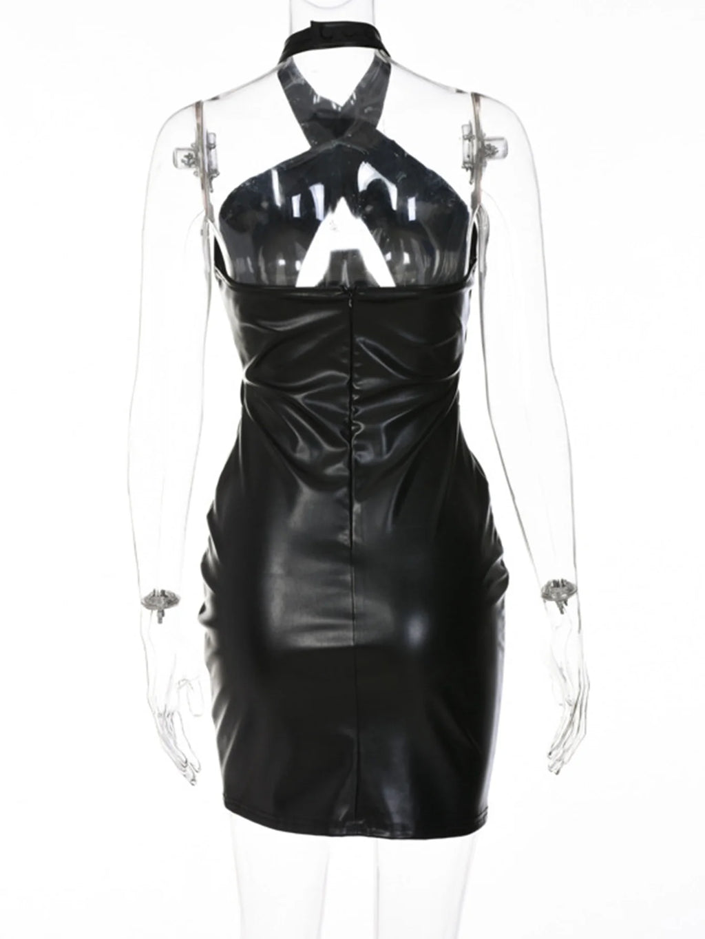 Sexy backless black corset leather summer dress women 2026 halter club birthday party dress woman PU mini bodycon dress vestidos
